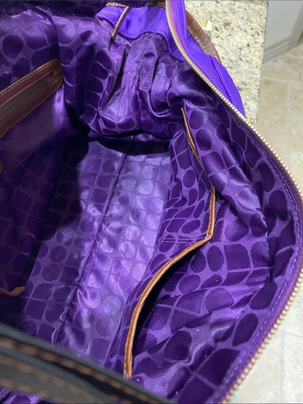 kate spade vibrant purple nylon shoulder bag with brown leather handles